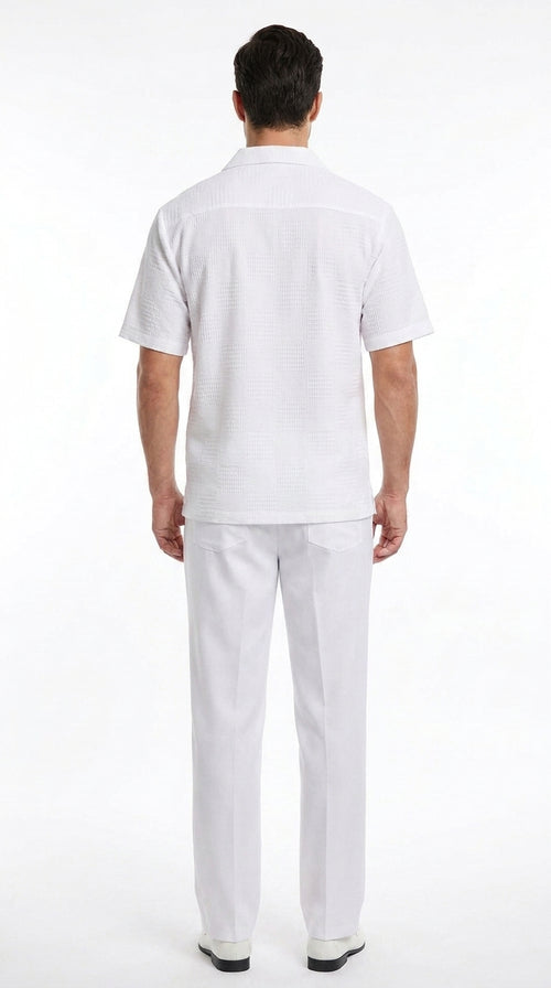 Men’s White Walking Suit, Casual Short Sleeve Shirt and Pants Summer Set