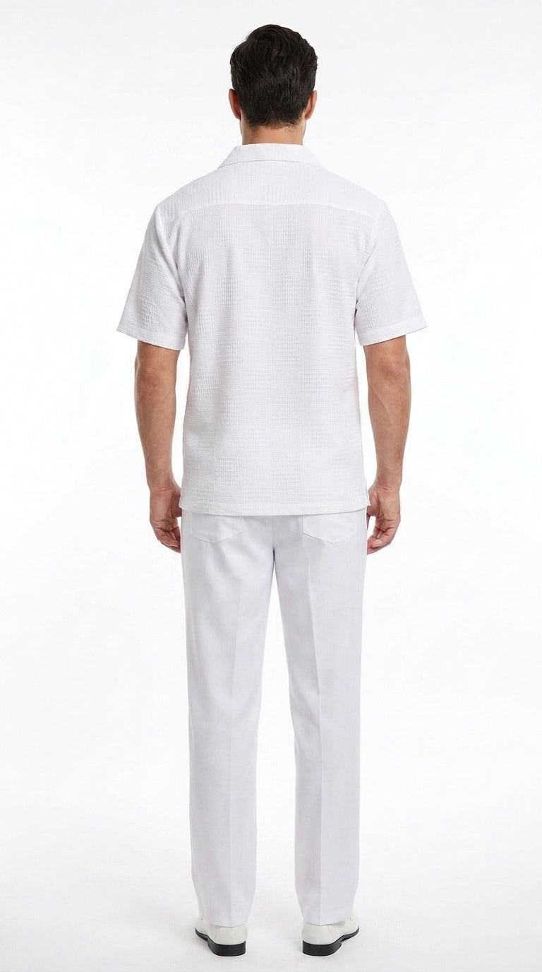 Men’s White Walking Suit, Casual Short Sleeve Shirt and Pants Summer Set - S or Small