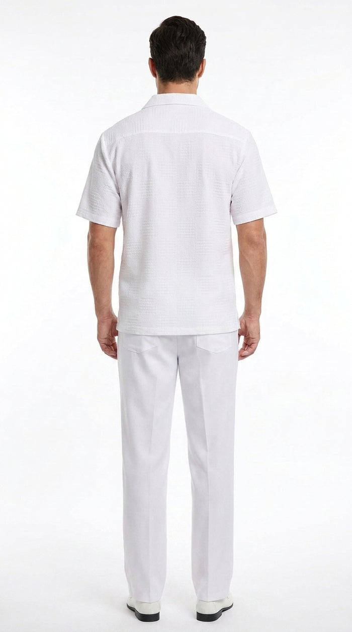 Men’s White Walking Suit, Casual Short Sleeve Shirt and Pants Summer Set