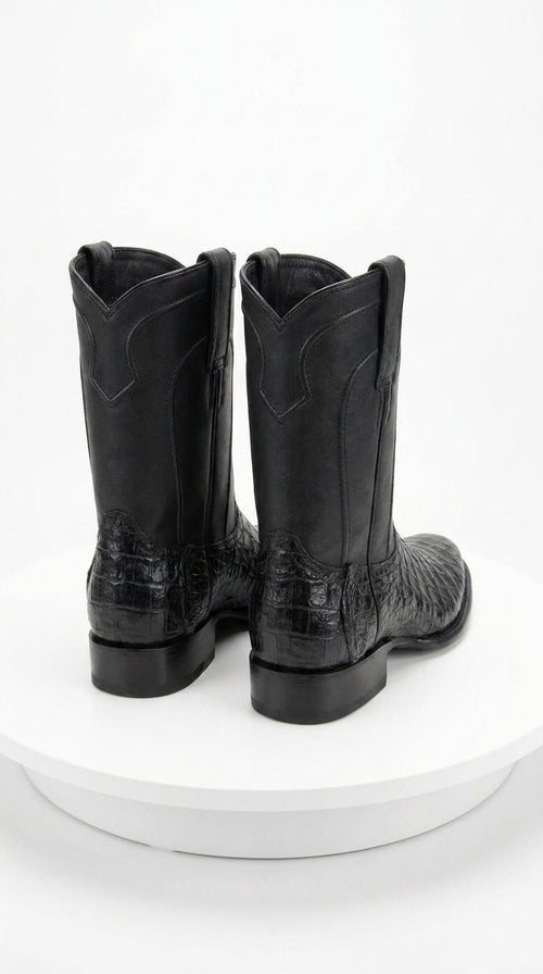 Men’s Black Caiman Belly Roper Boots, Exotic Western Cowboy Dress Boots