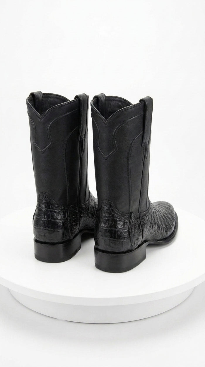 Men’s Black Caiman Belly Roper Boots, Exotic Western Cowboy Dress Boots
