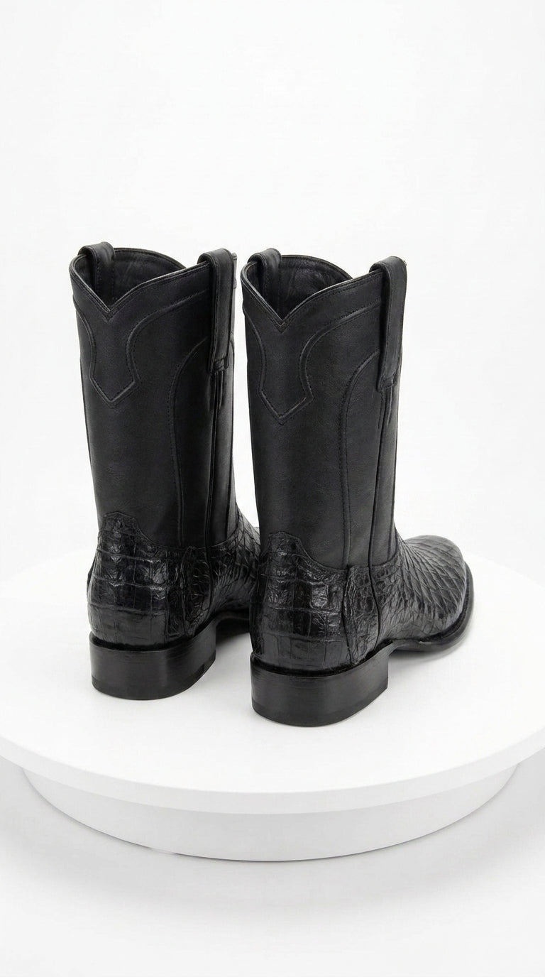 Men’s Black Caiman Belly Roper Boots, Exotic Western Cowboy Dress Boots