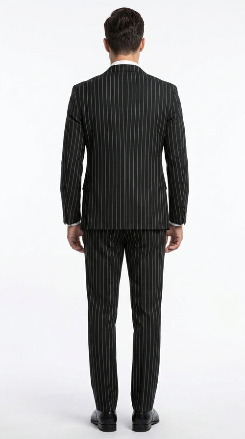 Men’s Black 2 Button Gangster Pinstripe Suit, Striped Pattern Homecoming 3 Piece Dress Suit