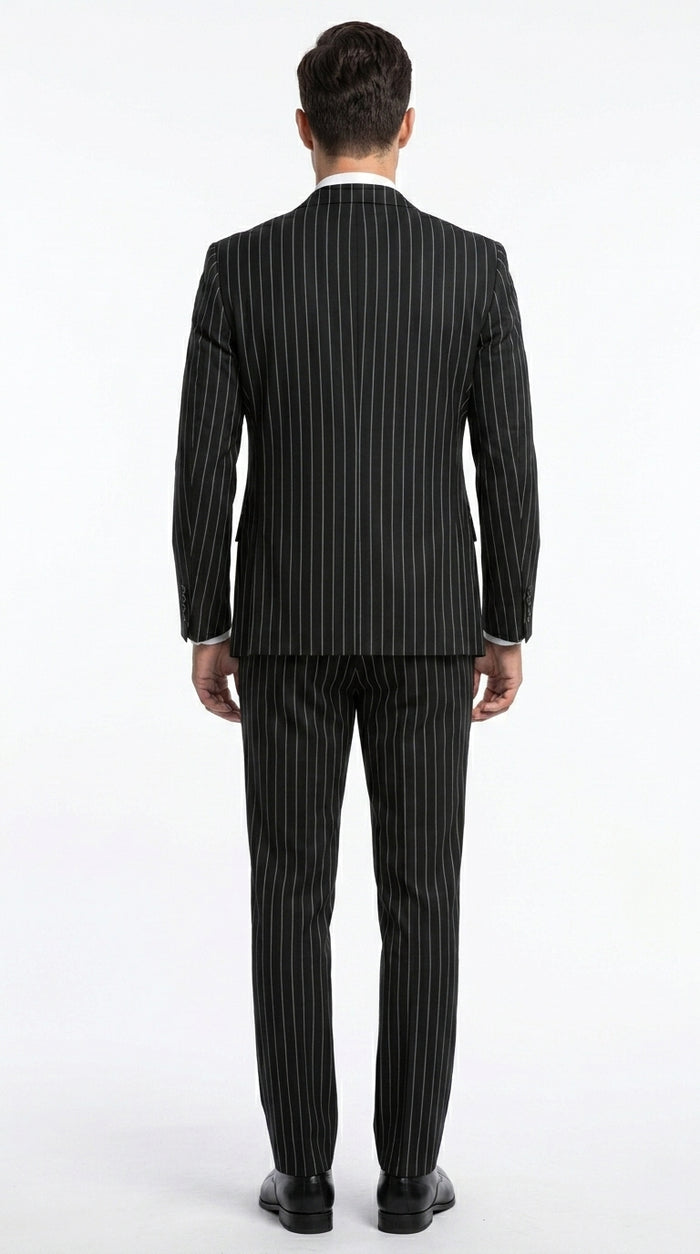 Men’s Black 2 Button Gangster Pinstripe Suit, Striped Pattern Homecoming 3 Piece Dress Suit