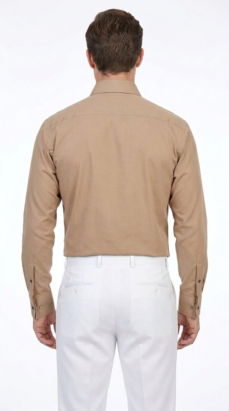 Men’s Taupe Cotton Blend Dress Shirt, Convertible Cuff Formal Button Down Shirt