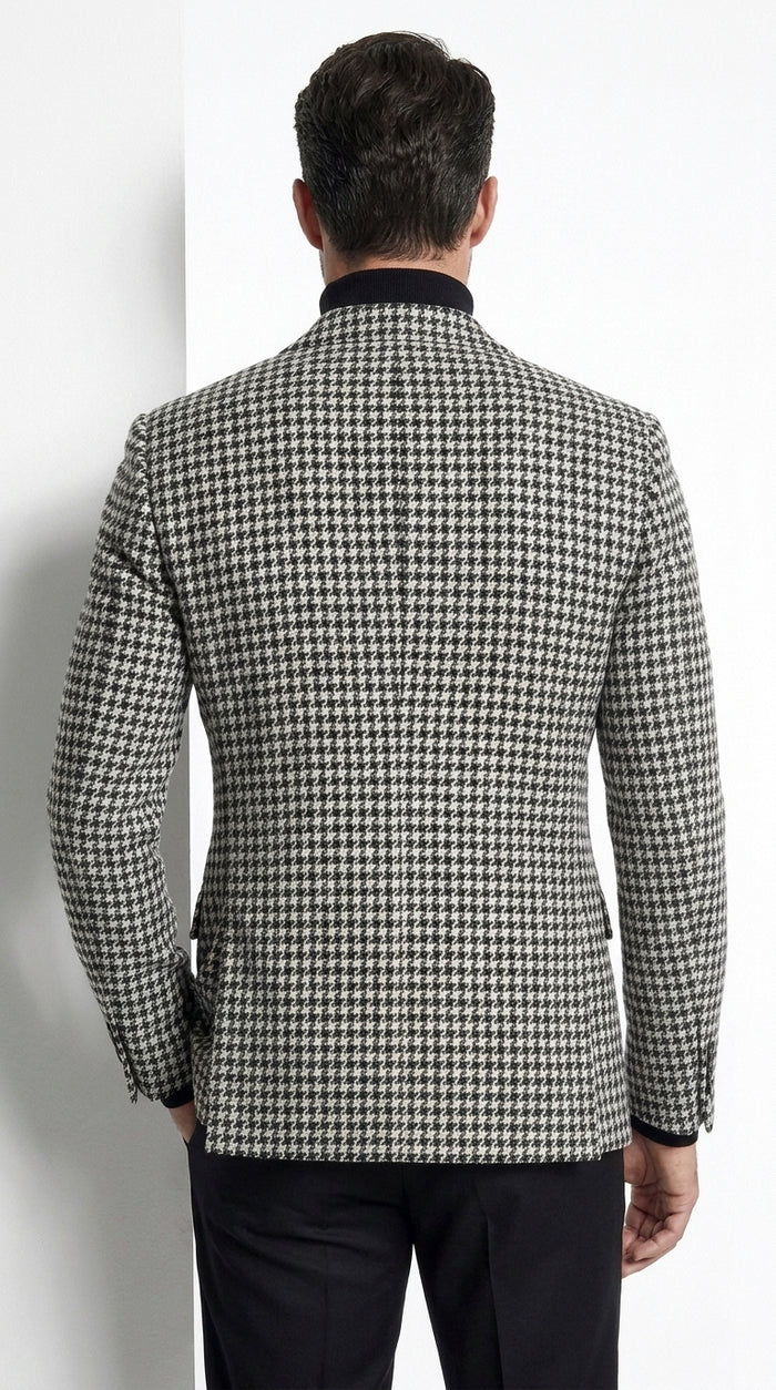 Men’s Black and White Houndstooth Blazer, 100% Wool Modern Fit Sport Coat