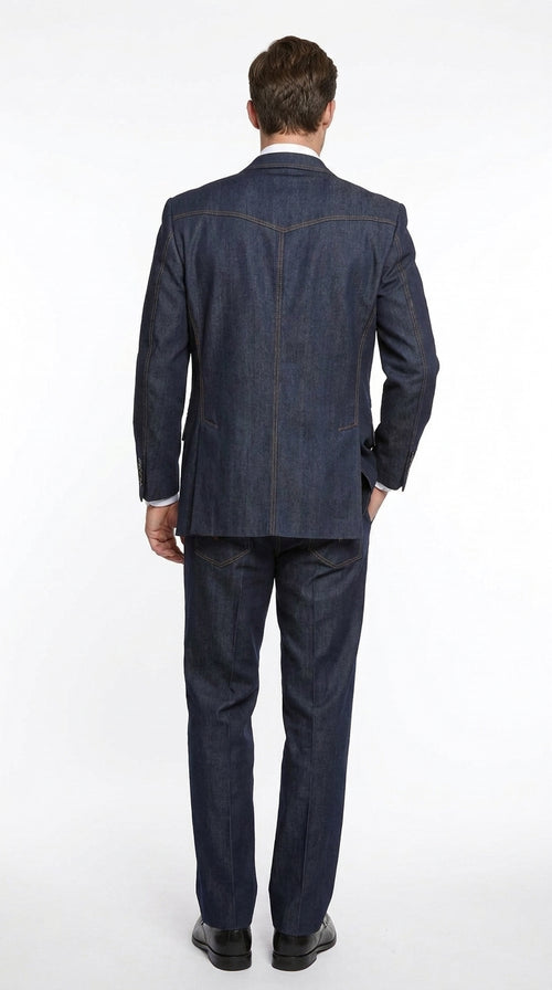 Men’s Navy Blue Denim 3 Piece Suit, Vested 4 Button Wide Peak Lapel Dress Suit