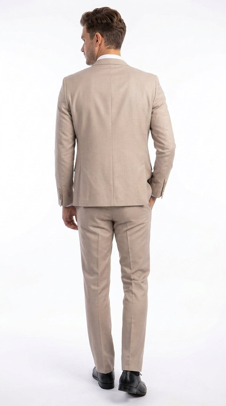 Men’s Medium Tan 3 Piece Suit, Slim Fit Two Button Vested Formal Wedding Business Suit