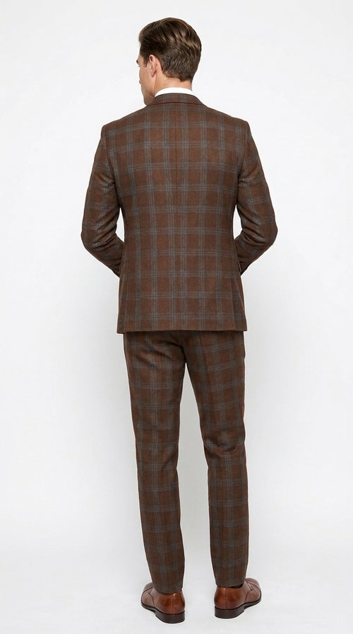 Men’s Copper Plaid Modern Fit Wool Suit, 3 Piece Formal Suit with Double Breasted Vest