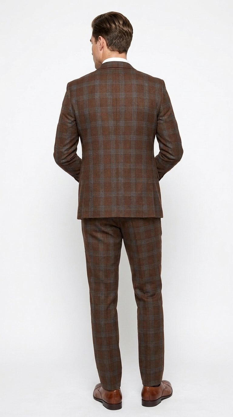 Men’s Copper Plaid Modern Fit Wool Suit, 3 Piece Formal Suit with Double Breasted Vest