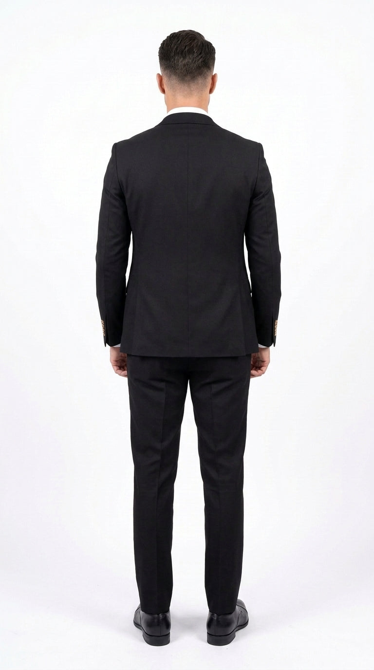 Men’s Black Double Breasted Vested Suit, 1920s 1980s Style Peak Lapel Wool Feel Designer Suit with Gold Buttons