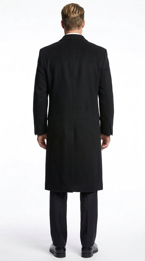 Men’s Black Wool and Cashmere Full Length Overcoat, Luxury Formal Dress Coat