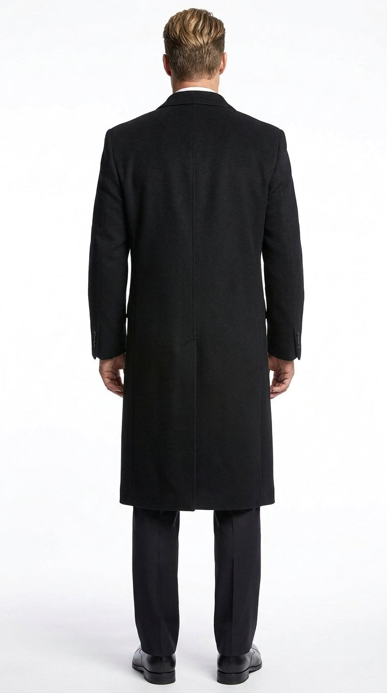 Men’s Black Wool and Cashmere Full Length Overcoat, Luxury Formal Dress Coat