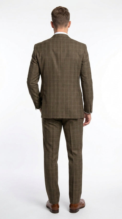 Men’s Brown Windowpane Plaid 3 Piece Suit, Double Breasted Vest Formal Wedding Business Suit