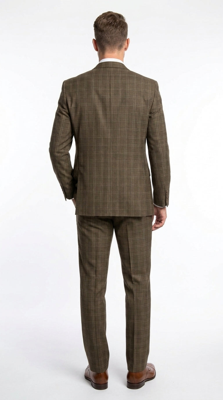 Men’s Brown Windowpane Plaid 3 Piece Suit, Double Breasted Vest Formal Wedding Business Suit