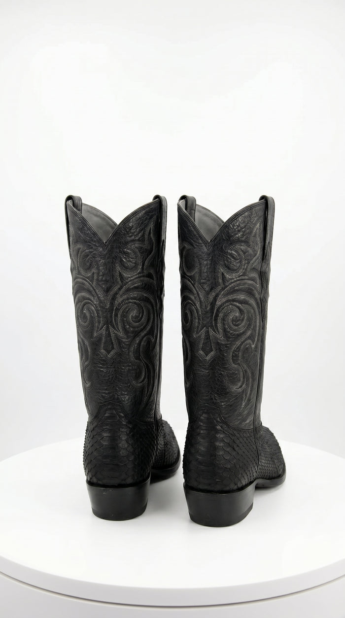 Men’s Black Python Cowboy Boots with Western Stitching, Exotic Style Dress Boots