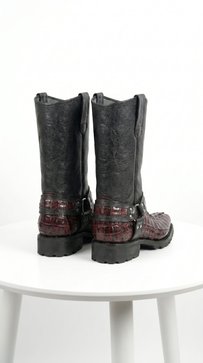Men’s Los Altos Black and Burgundy Caiman Tail Skin Biker Boots, Exotic Western Motorcycle Boots