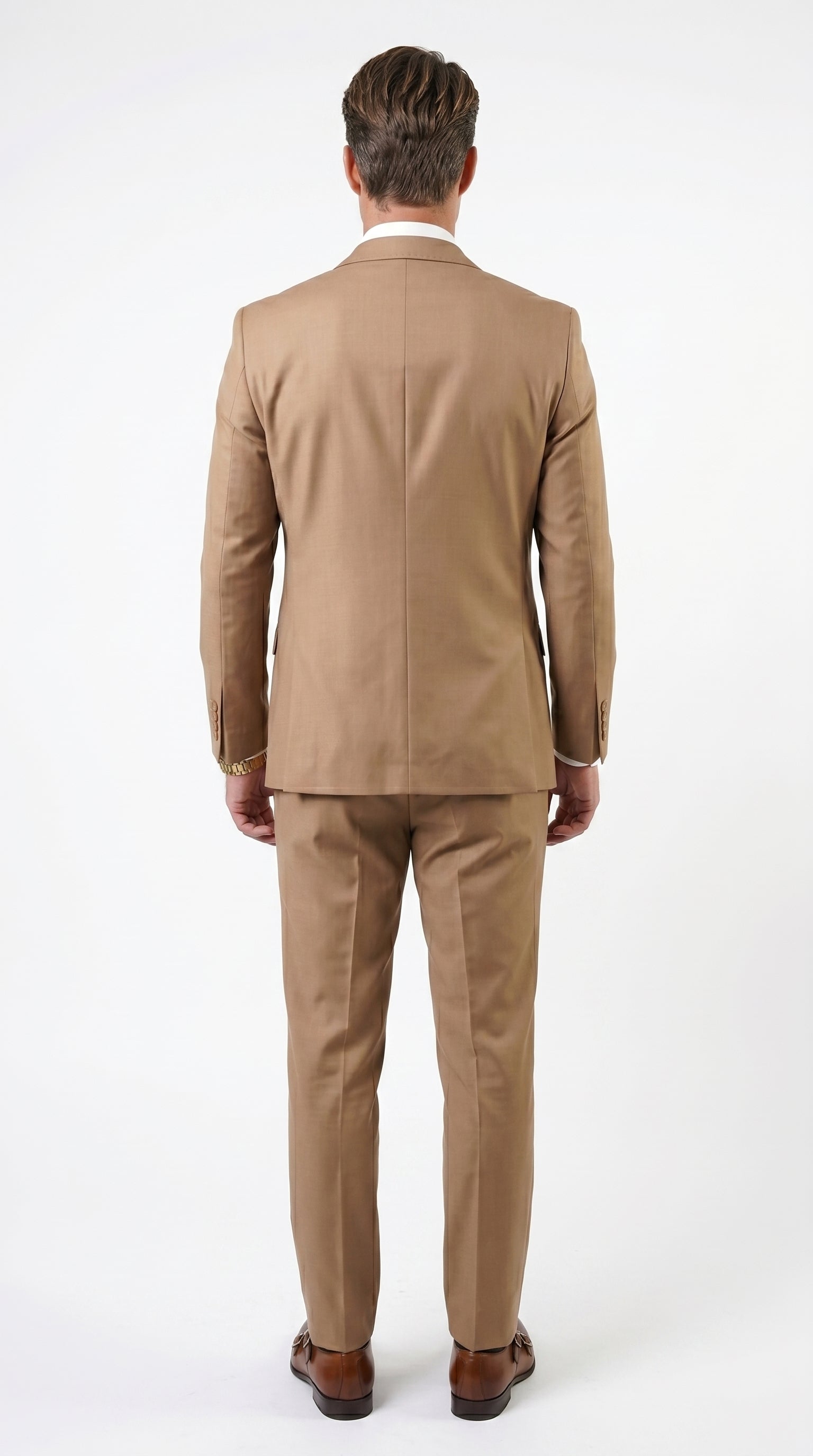 Statement Men’s Solid Caramel 100% Wool Vested Suit, Formal Wedding Business 3 Piece Suit Set