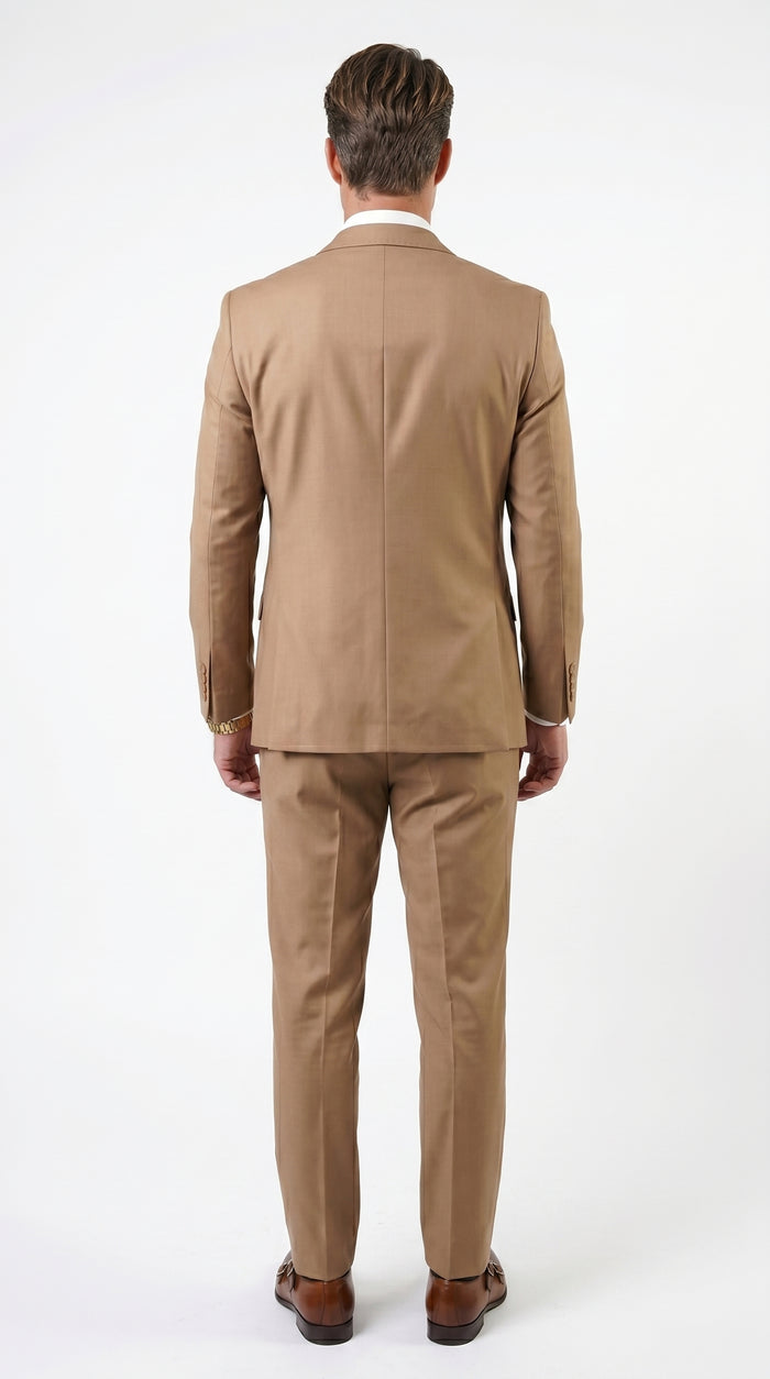 Statement Men’s Solid Caramel 100% Wool Vested Suit, Formal Wedding Business 3 Piece Suit Set