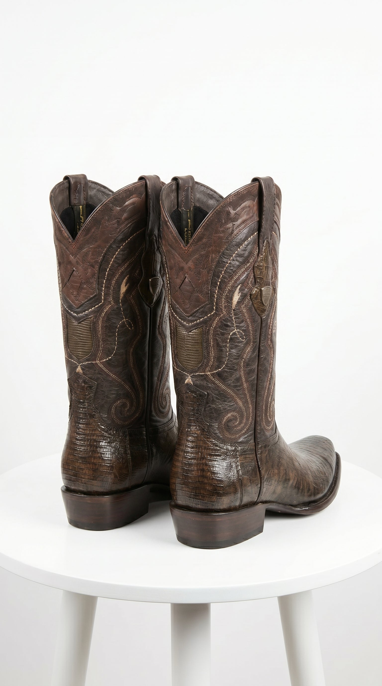 Men’s Wild West Burnished Brown Teju Lizard Square Toe Cowboy Boots, Genuine Leather Dress Western Boots