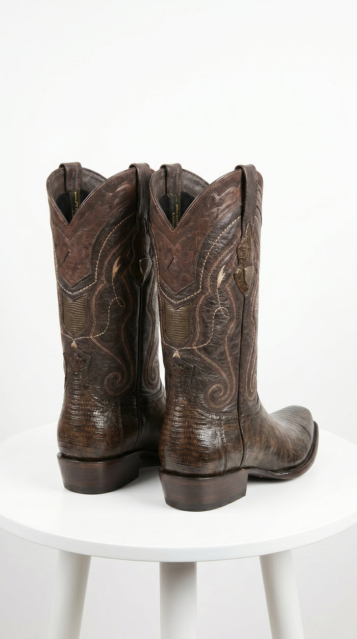 Men’s Wild West Burnished Brown Teju Lizard Square Toe Cowboy Boots, Genuine Leather Dress Western Boots