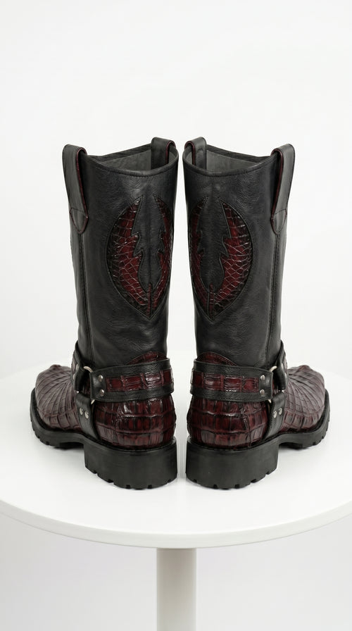 Men’s Los Altos Black Cherry Caiman Tail Skin Biker Boots, Exotic Western Motorcycle Boots