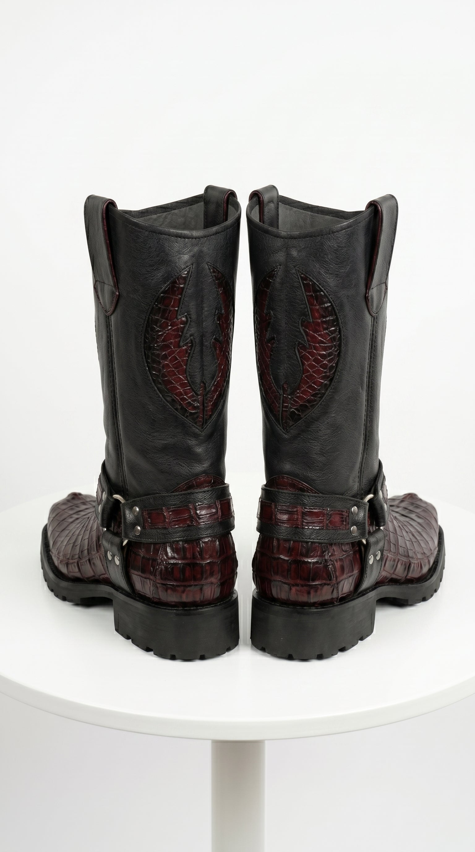Men’s Los Altos Black Cherry Caiman Tail Skin Biker Boots, Exotic Western Motorcycle Boots