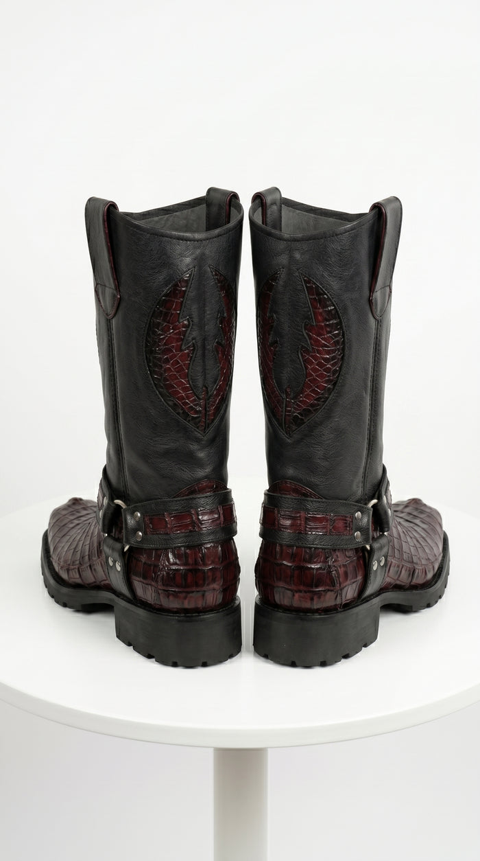 Men’s Los Altos Black Cherry Caiman Tail Skin Biker Boots, Exotic Western Motorcycle Boots