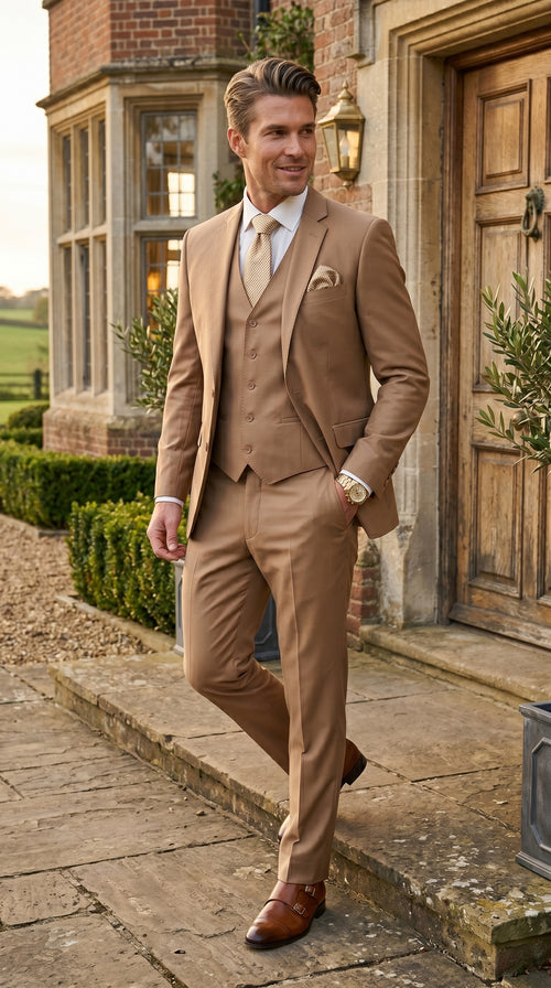 Statement Men’s Solid Caramel 100% Wool Vested Suit, Formal Wedding Business 3 Piece Suit Set