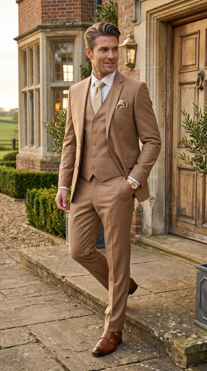Statement Men’s Solid Caramel 100% Wool Vested Suit, Formal Wedding Business 3 Piece Suit Set