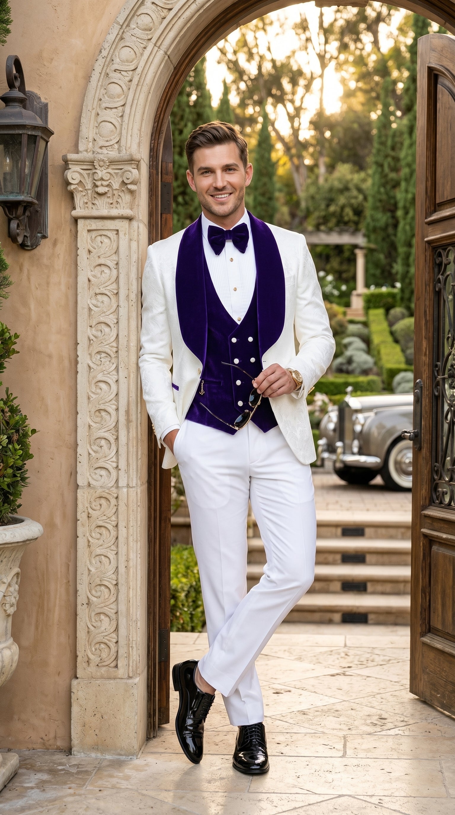 Men’s White and Royal Blue Wedding Tuxedo, Groom Prom Suit with Velvet Shawl Lapel and Matching Vest