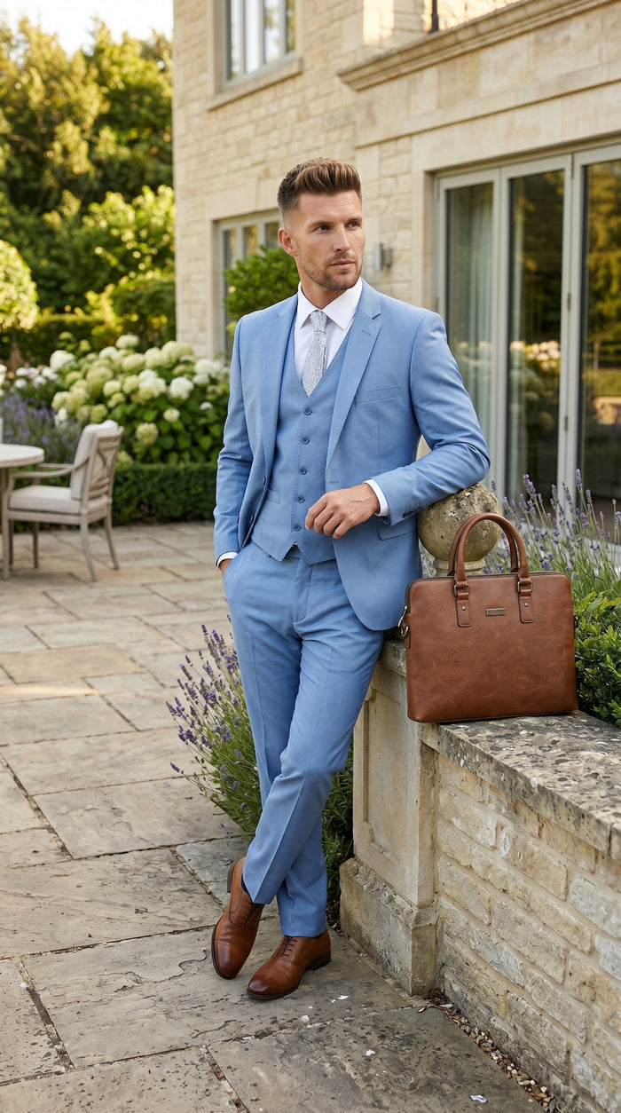 Statement Men’s Solid Steel Blue 100% Wool Vested Suit, Formal Wedding Business 3 Piece Suit Set