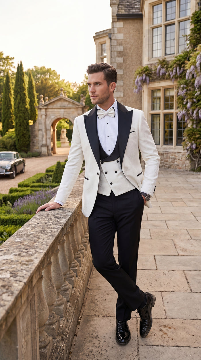 Statement Men’s White and Black Vested Tuxedo, Peak Lapel Wedding Prom Formal Suit with Bow Tie