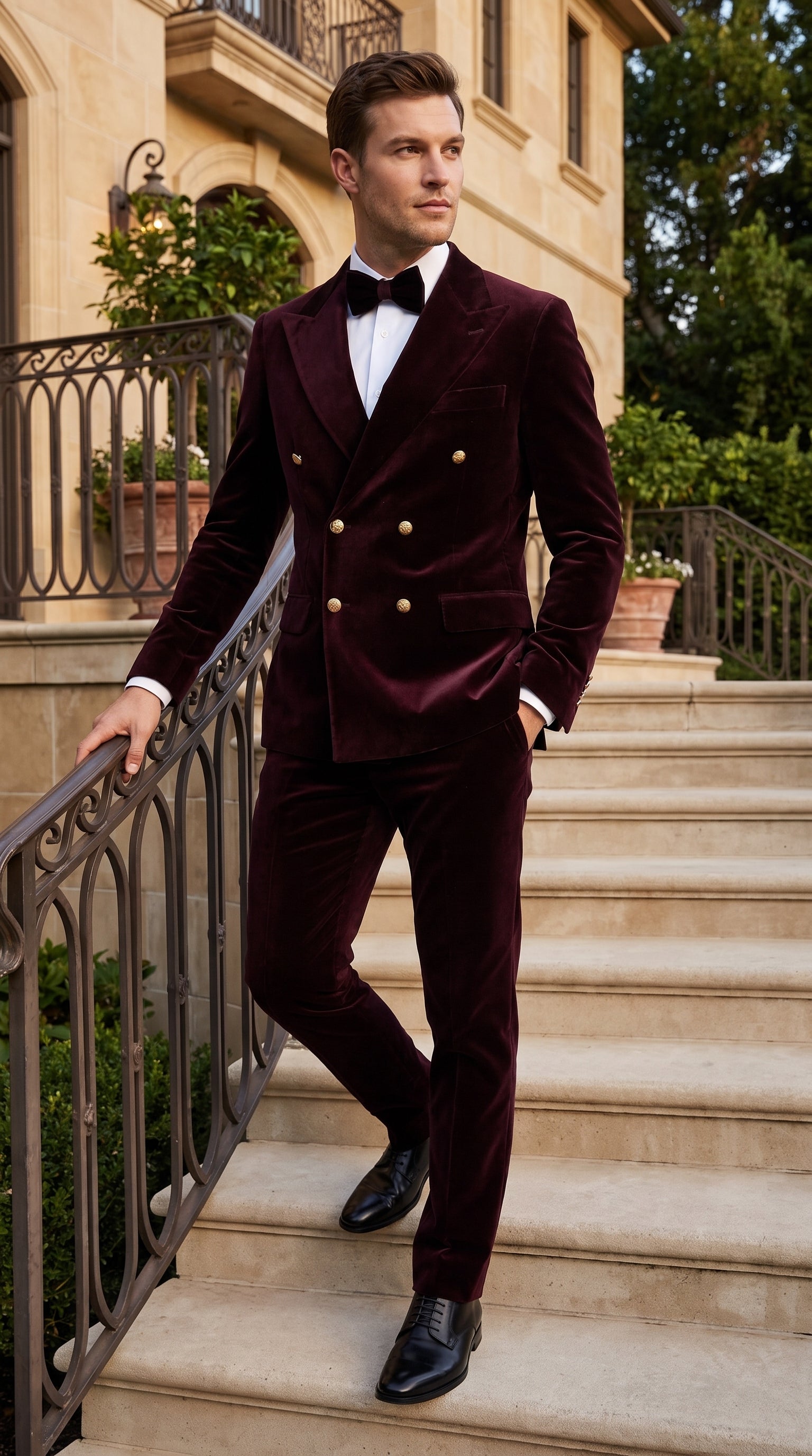 Men’s Rossi Man Zeus Dark Brown Velvet Double Breasted Tuxedo Suit, Formal Wedding Prom Dinner Suit Set - 34 Short or Extra Small