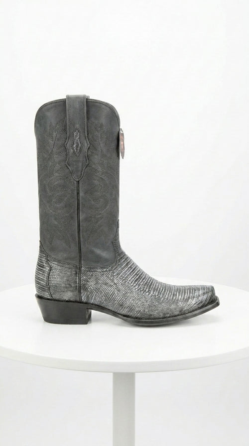 Men's Los Altos Boots 7 Toe Genuine Teju Lizard Sanded Black Leather Boots Handcrafted