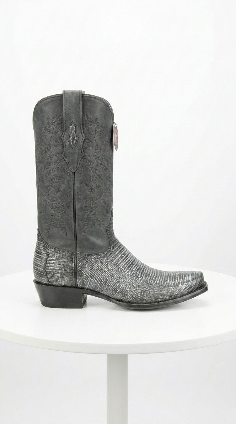 Men's Los Altos Boots 7 Toe Genuine Teju Lizard Sanded Black Leather Boots Handcrafted