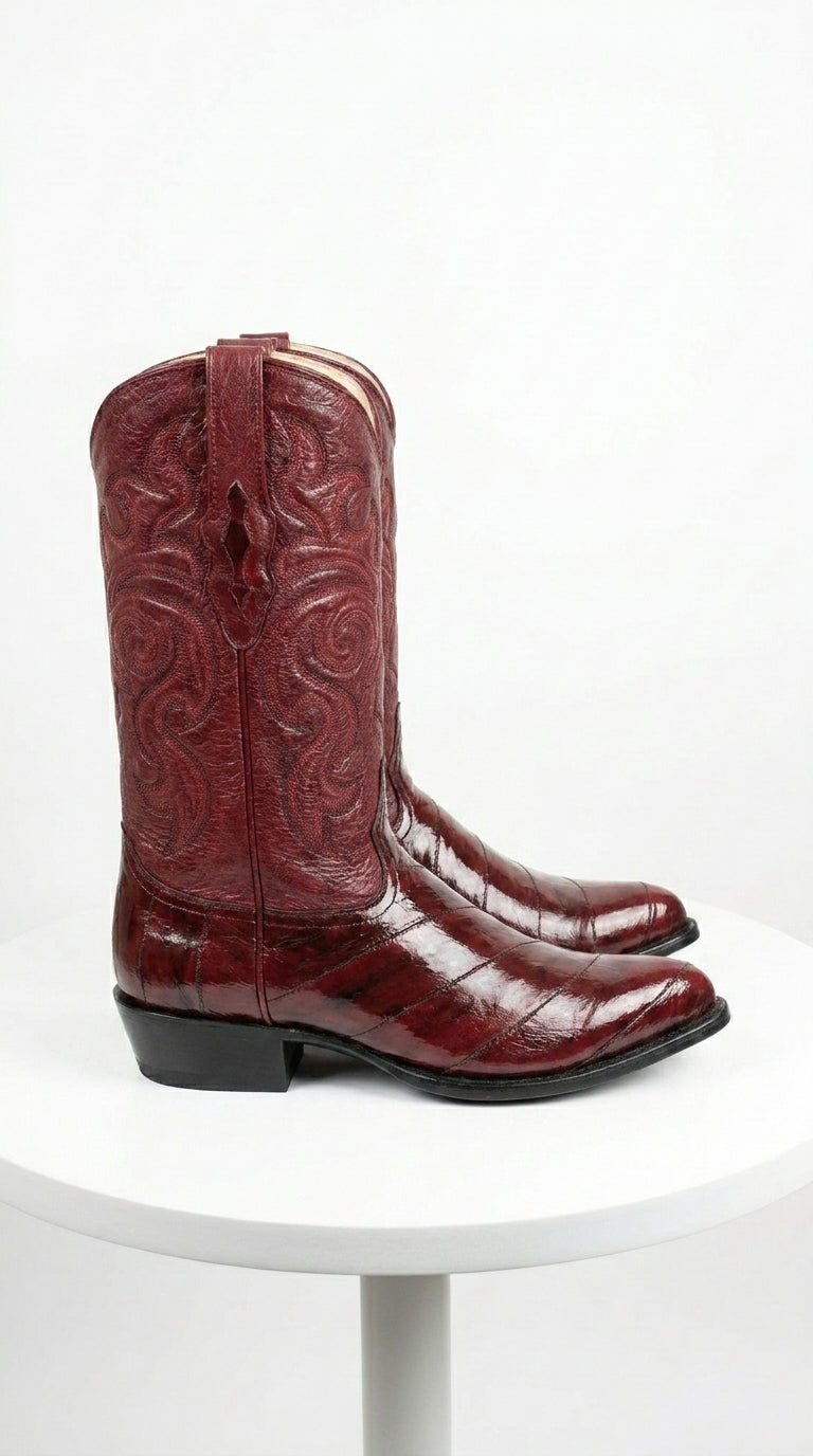 Men’s Burgundy Eel Cowboy Boots with J Toe, Exotic Leather Western Dress Boots
