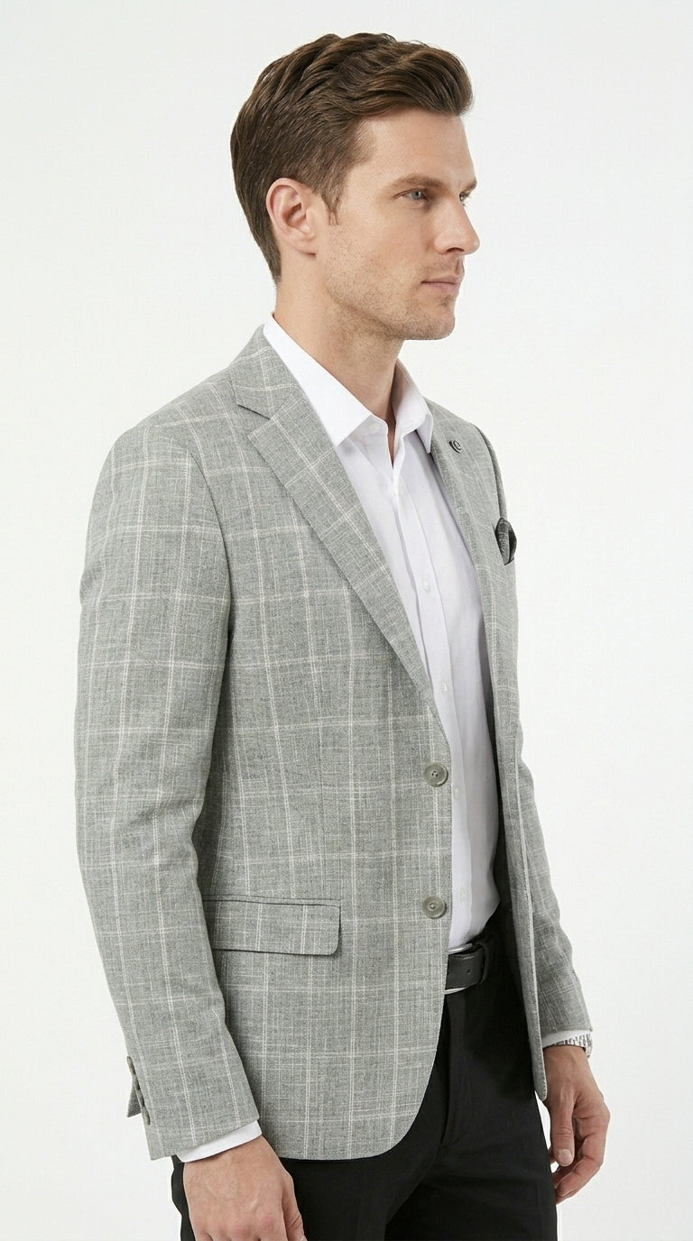 Stacy Adams Men’s Light Gray and Blue Textured Windowpane Sport Coat, Hybrid Fit Business Casual Blazer