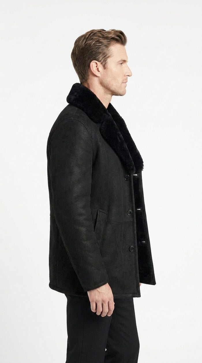 Men’s Black Shearling Jacket with Faux Fur Collar, Western Winter Coat for Casual Wear