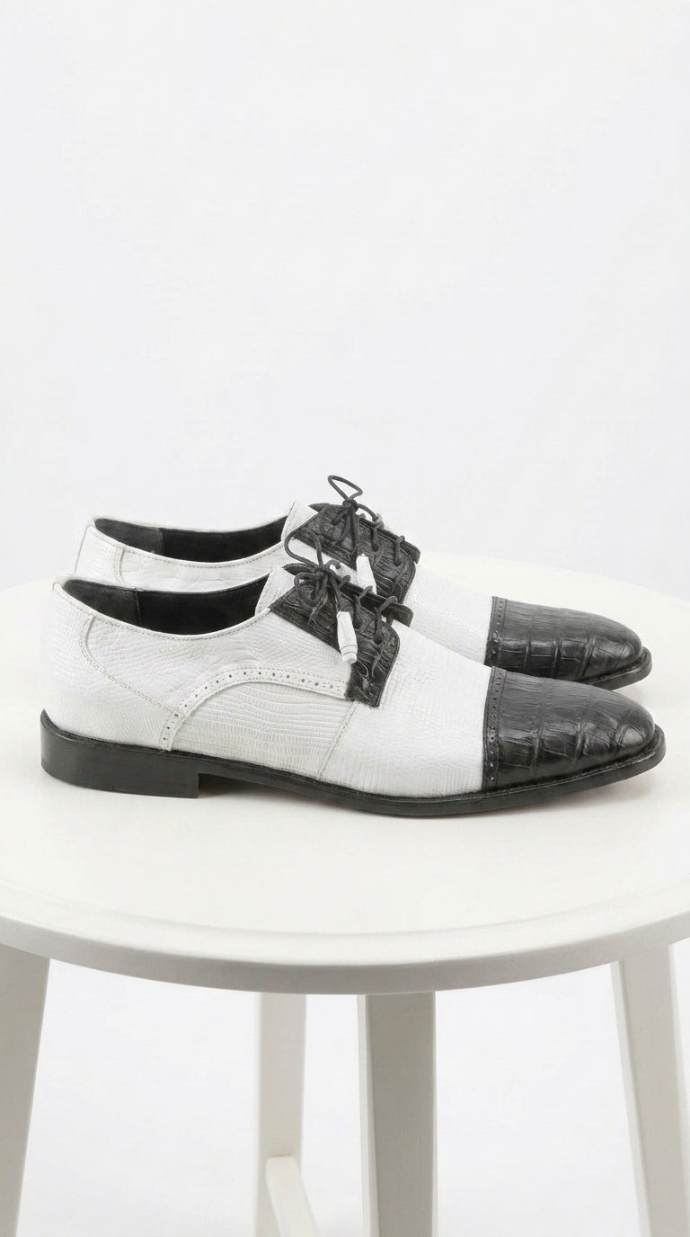 Los Altos Men’s Black and White Genuine Teju Lizard and Caiman Lace-Up Dress Shoes - US 8.0 Standard/D/ Medium / Eu:41-42