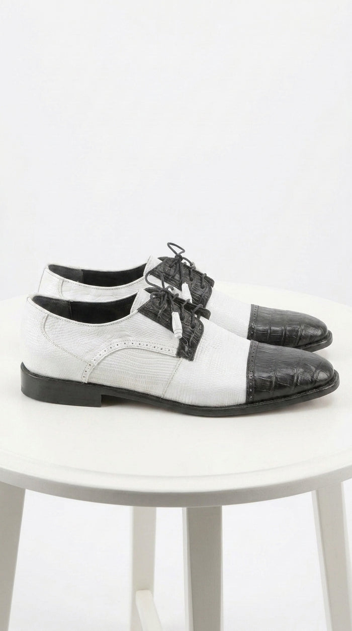 Los Altos Men’s Black and White Genuine Teju Lizard and Caiman Lace-Up Dress Shoes