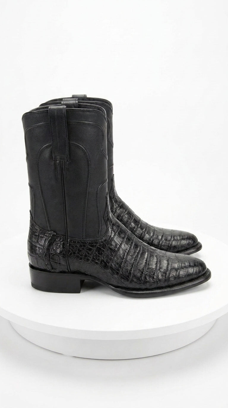 Men’s Black Caiman Belly Roper Boots, Exotic Western Cowboy Dress Boots