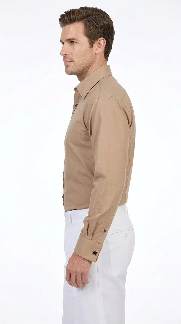 Men’s Taupe Cotton Blend Dress Shirt, Convertible Cuff Formal Button Down Shirt