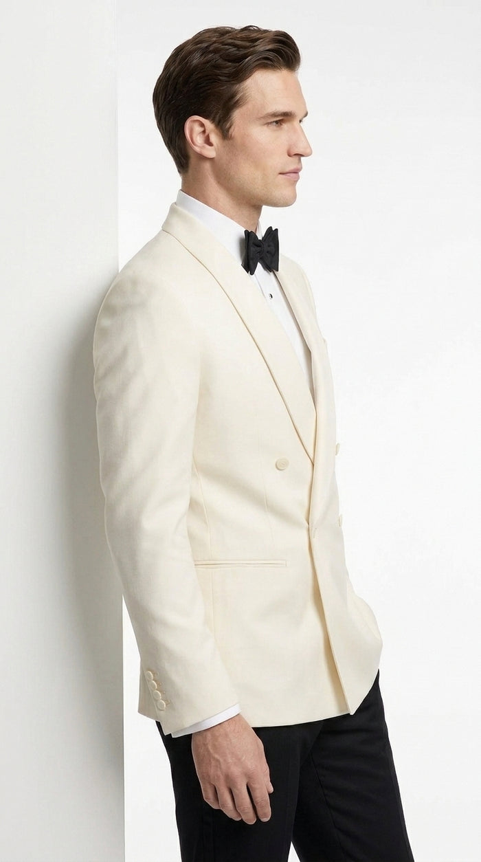 Men’s Ivory Dinner Jacket, Cream Off White Double Breasted Shawl Collar Wedding Tuxedo Blazer