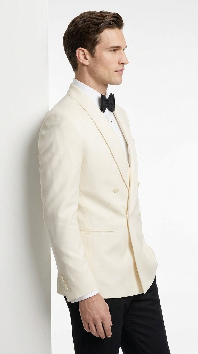 Men’s Ivory Dinner Jacket, Cream Off White Double Breasted Shawl Collar Wedding Tuxedo Blazer
