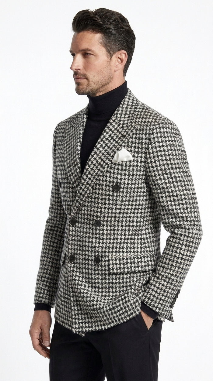 Men’s Black and White Houndstooth Blazer, 100% Wool Modern Fit Sport Coat