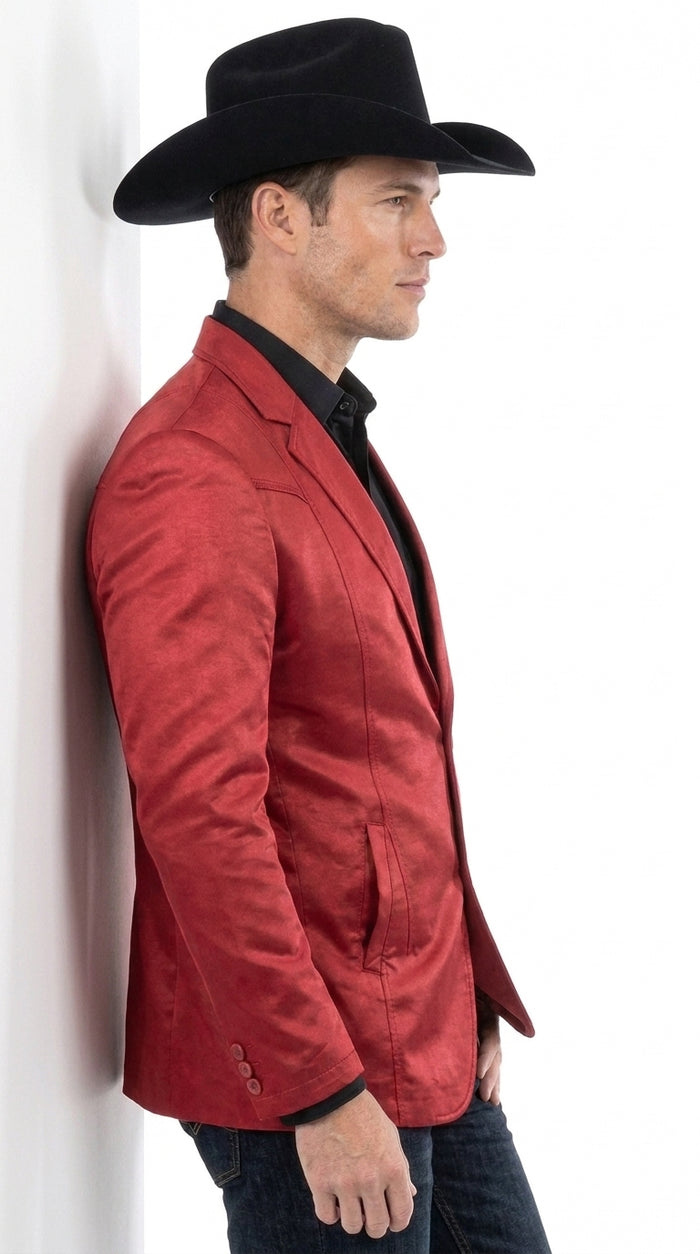 Men’s Western Red Blazer, Slim Fit Shiny Finish Sport Coat for Weddings Prom and Special Events