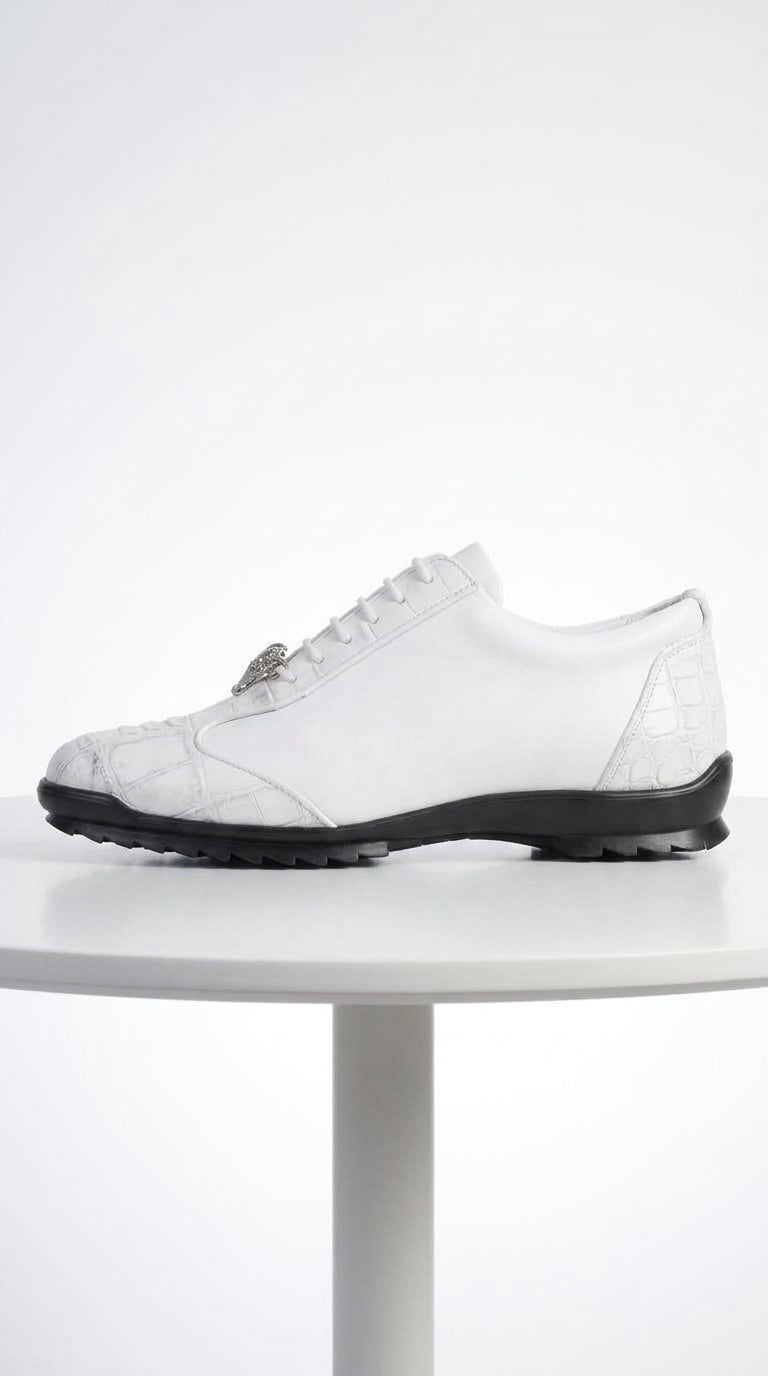 Men’s White Ostrich Leg Leather Sneaker LAB-ZC091928, Exotic Lace-Up Casual Dress Shoes
