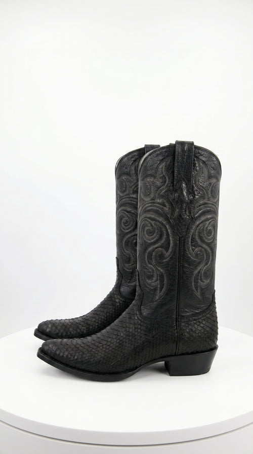 Men’s Black Python Cowboy Boots with Western Stitching, Exotic Style Dress Boots