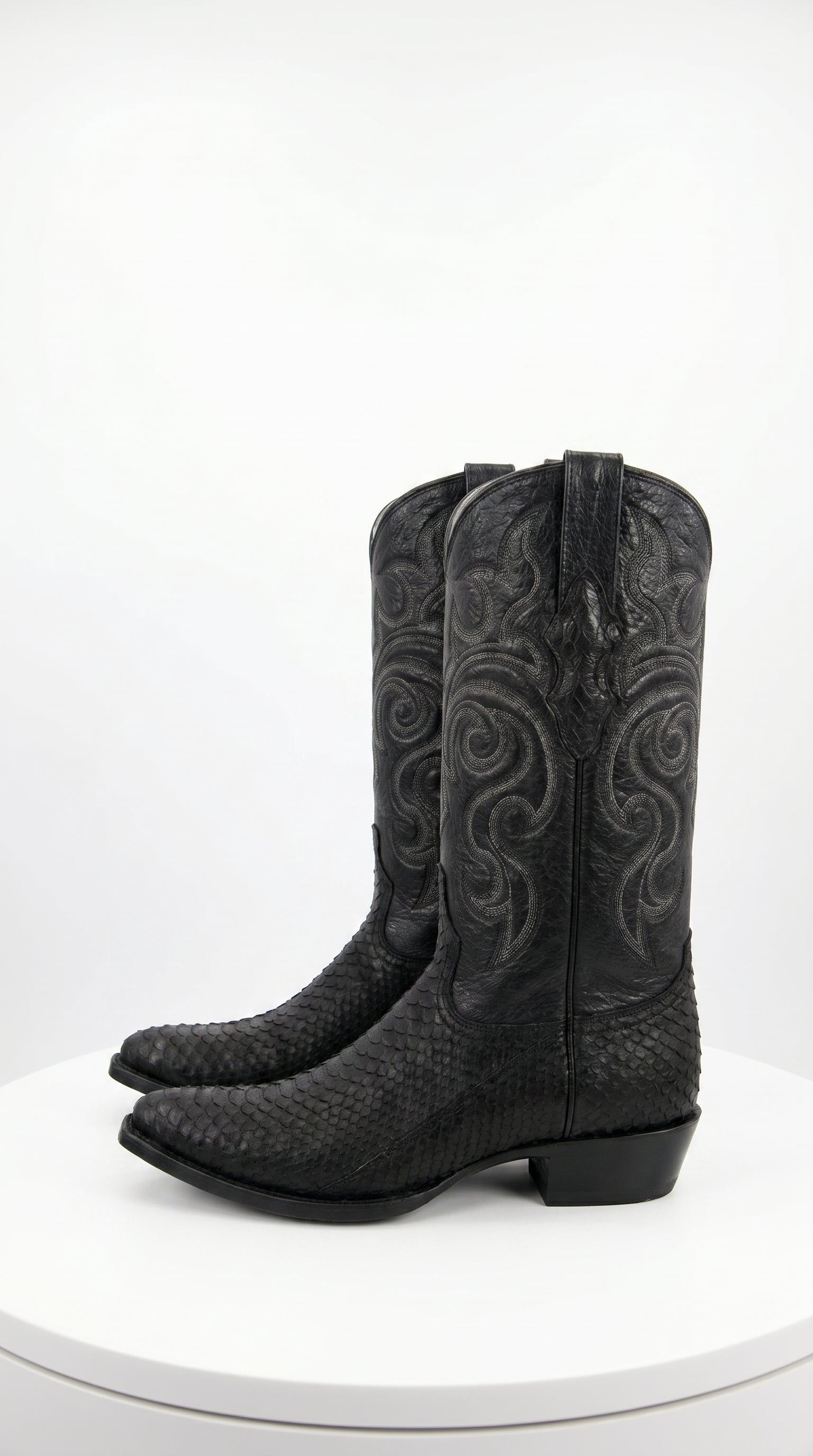 Men’s Black Python Cowboy Boots with Western Stitching, Exotic Style Dress Boots